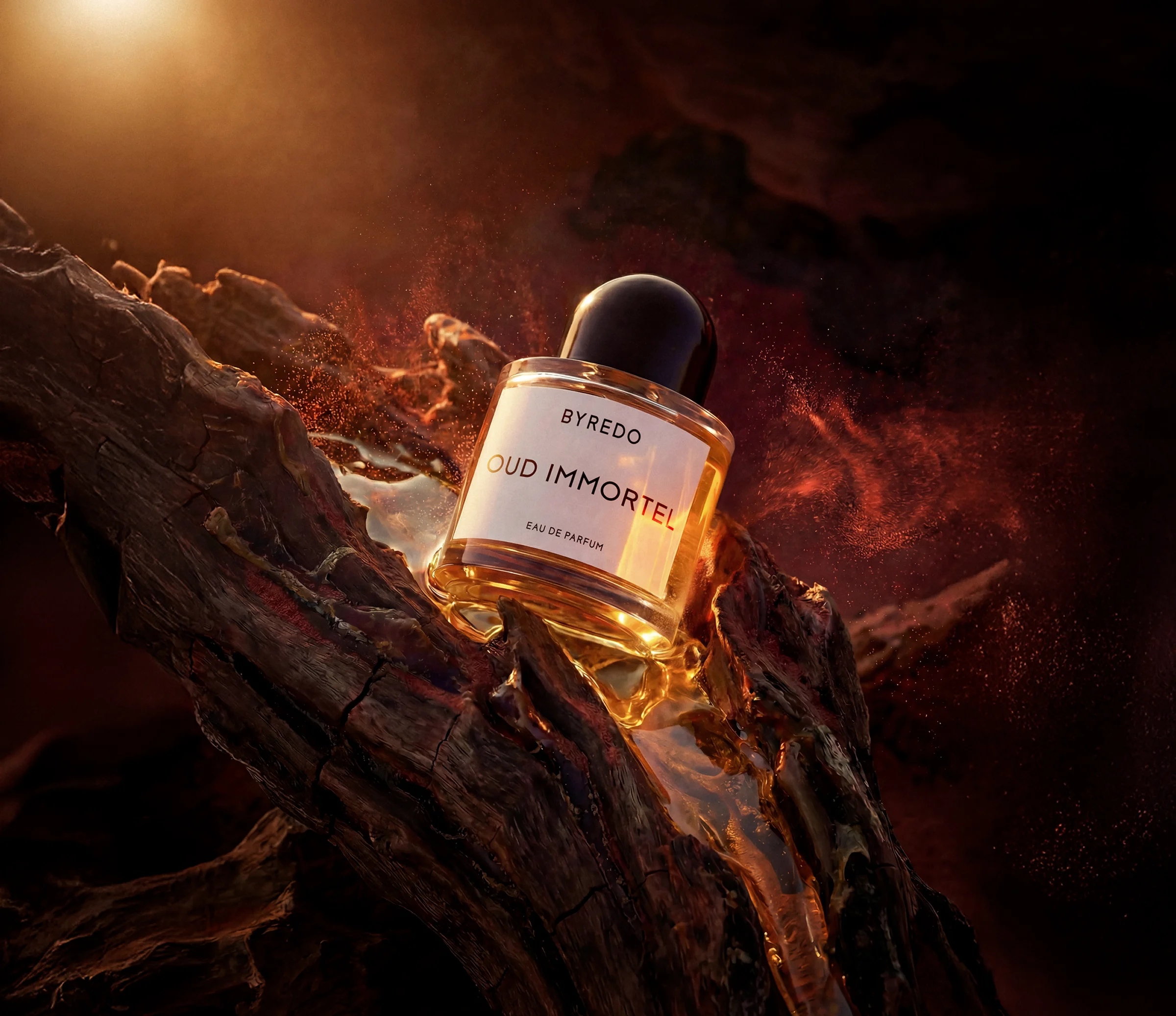 Byredo perfume bottle placed on wood, with amber liquid flowing beneath it and spice dust suspended in the air. Visual generated by AI.