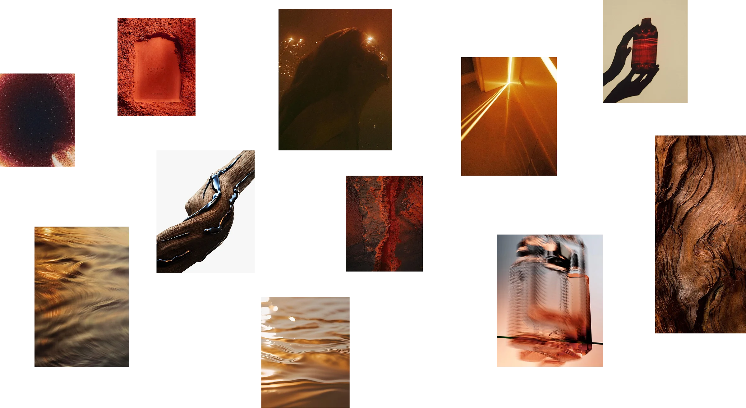 Mood board for the Byredo Oud Immortel campaign, combining amber light, wood, resin, liquid textures and deep red tones