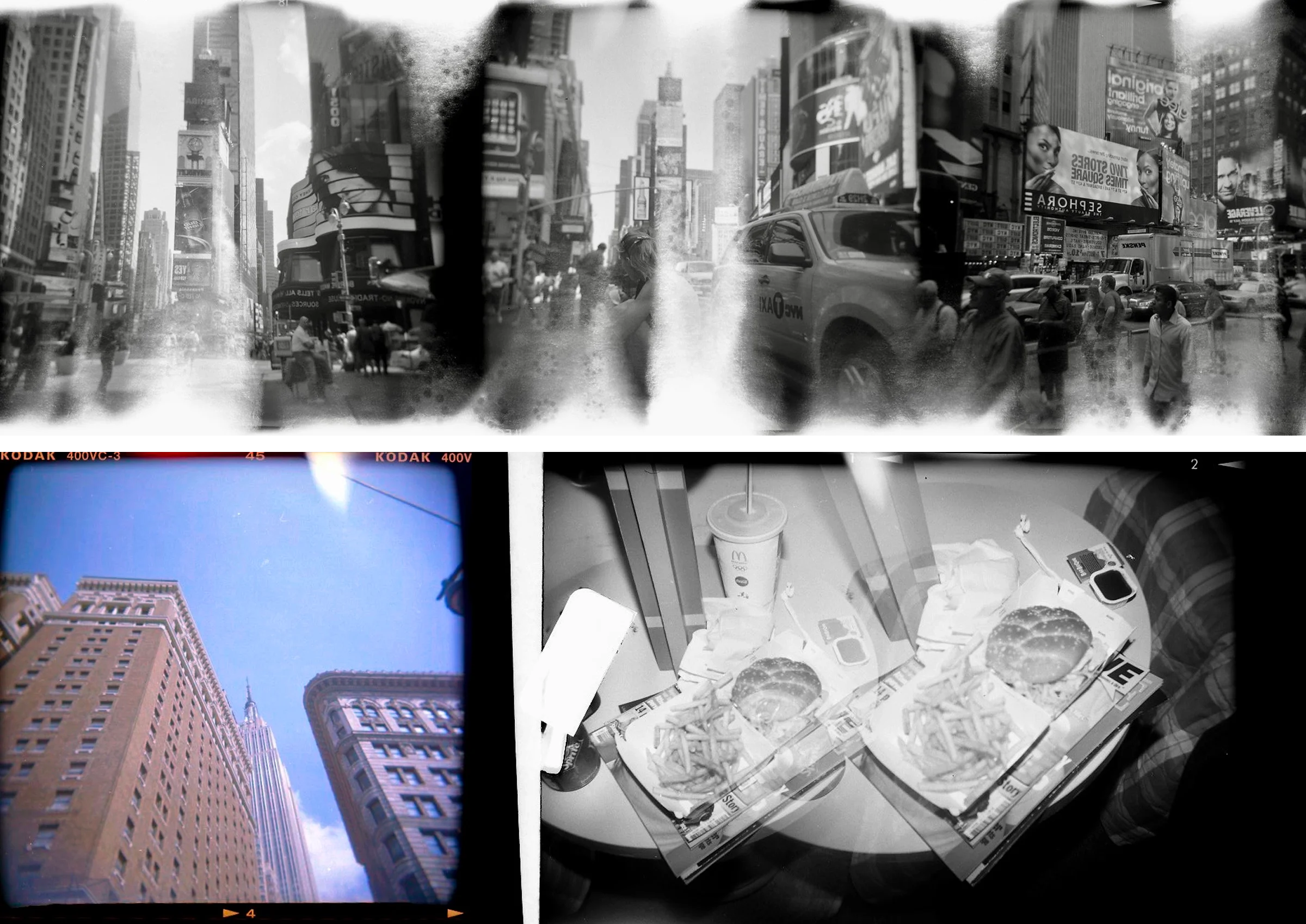 Collection of black-and-white and color film photographs of New York City with light leaks.