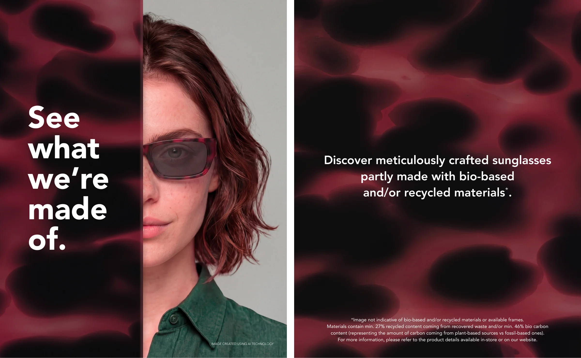 AI-generated woman wearing sunglasses beside a panel made from the same material as the eyewear, with the Sustainability campaign headline.