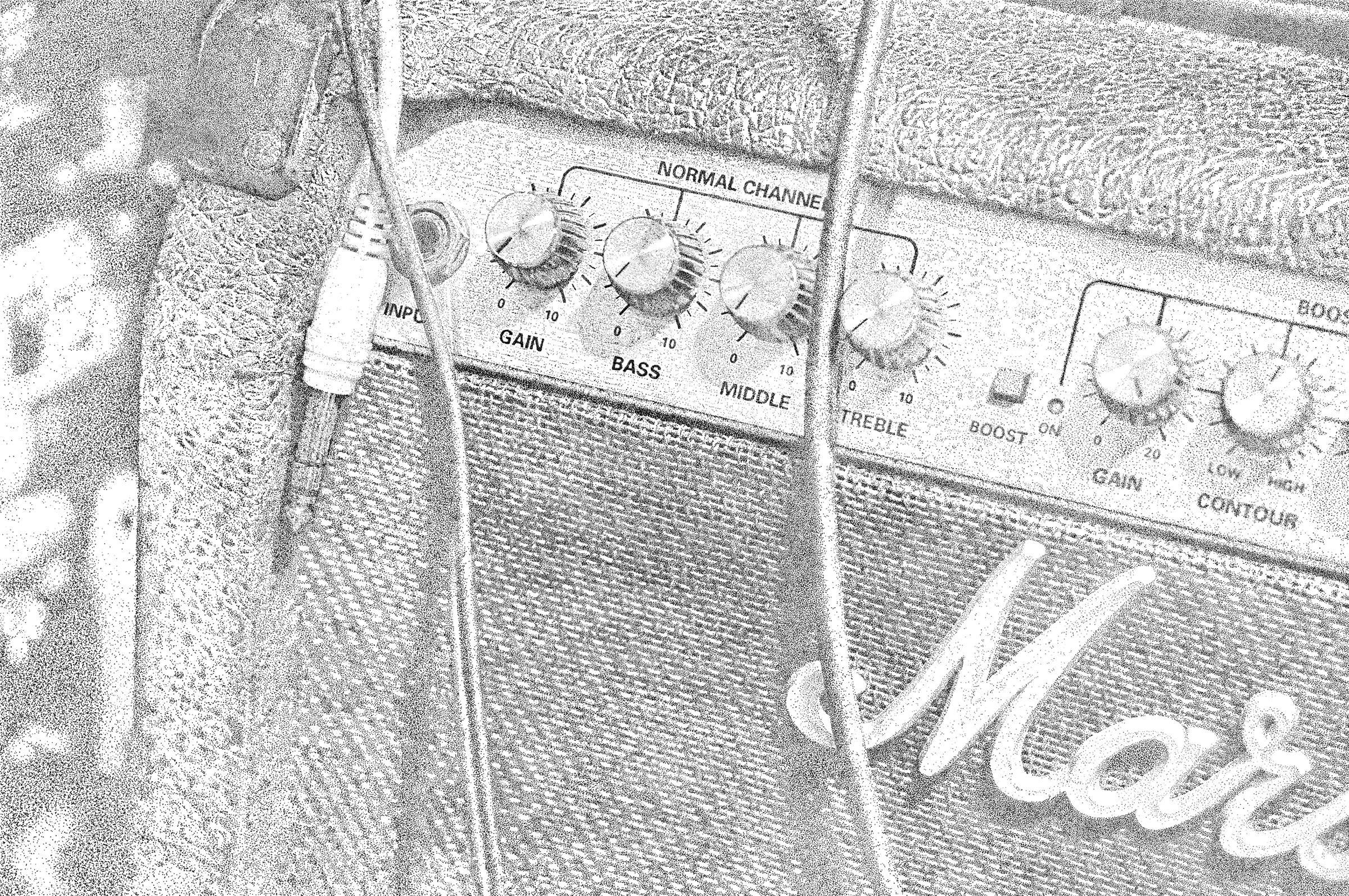 Hand-drawn stippling illustration of a Marshall amplifier.