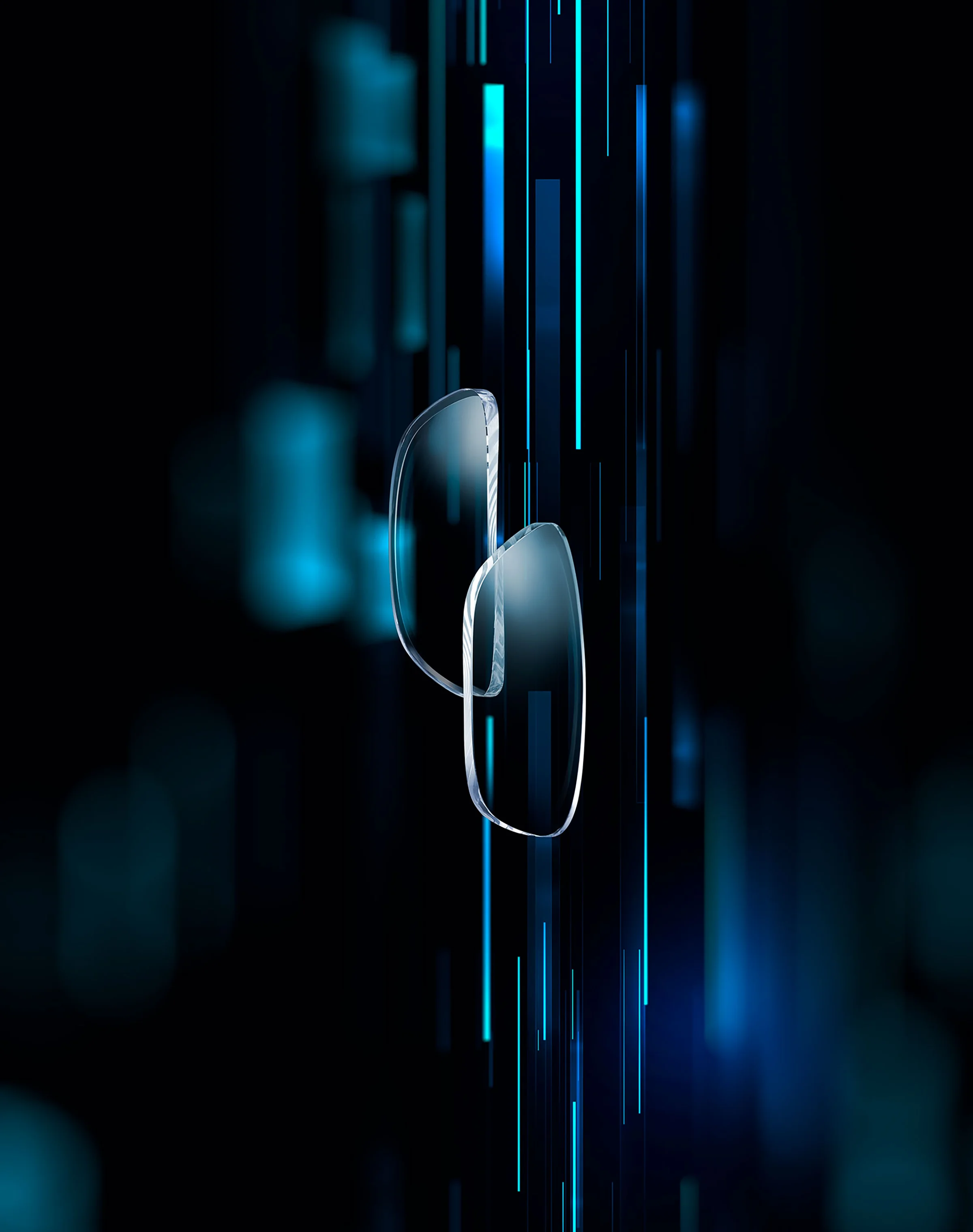 Visual composition of floating ophthalmic lenses with blue light elements in the background.