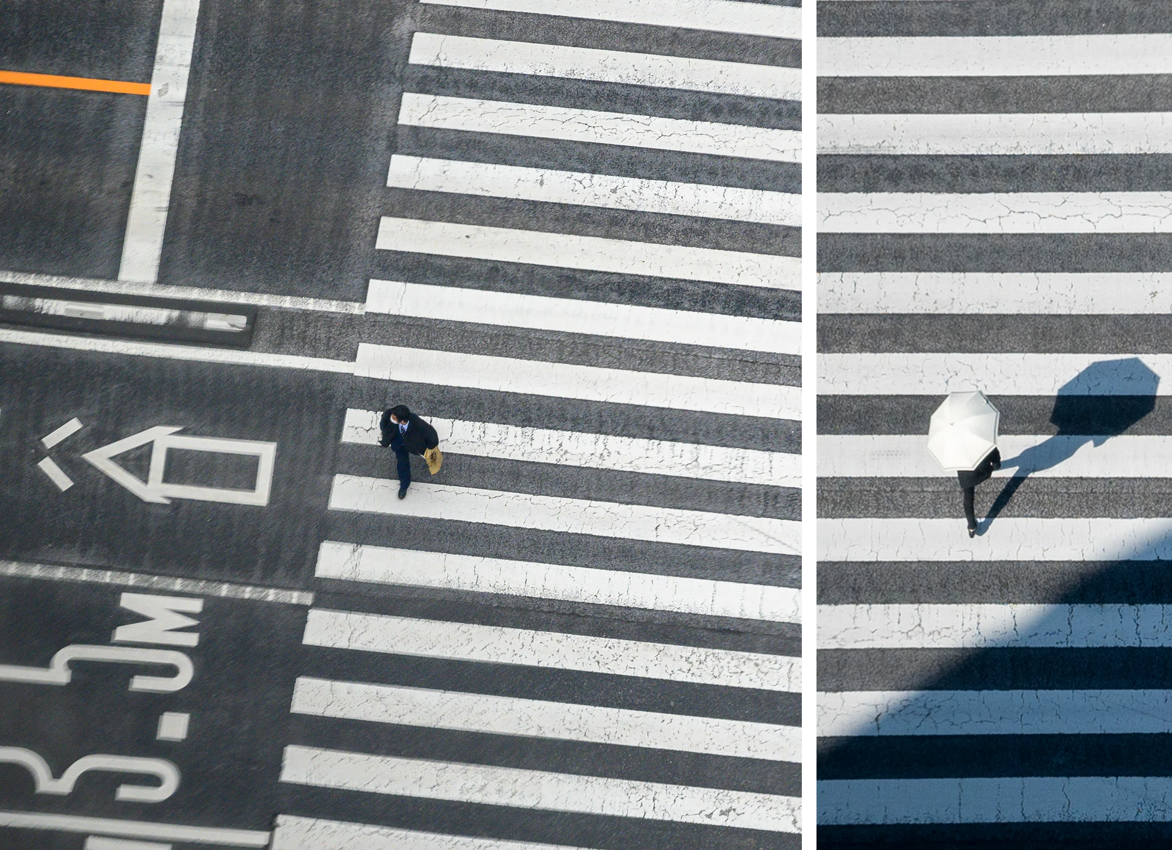 Top-view photograph of people crossing a street in Tokyo.
