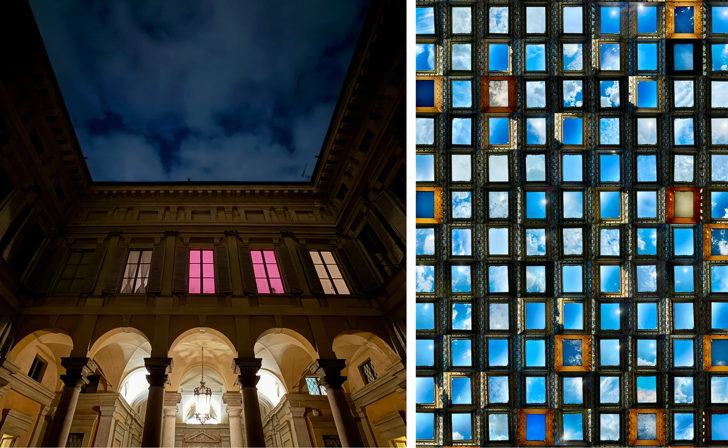 Courtyard in Milan paired with multiple views of the sky photographed from the courtyard.